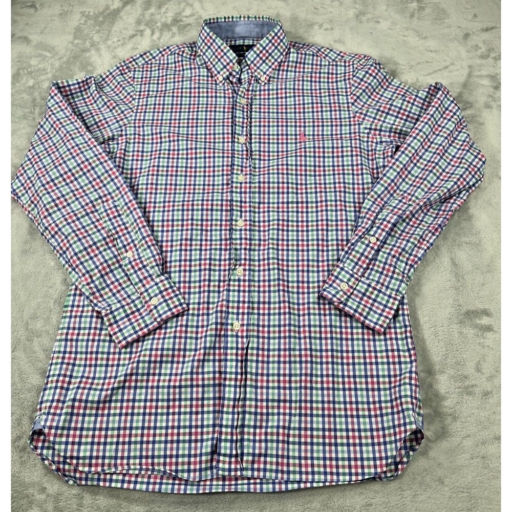 Ralph Lauren Mens SP Button Down Plaid Shirt Blue/Pink/Green Pink Pony